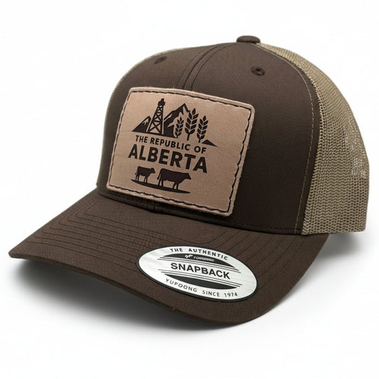Brown and beige cap with 'The Republic of Alberta' patch on a light gray background