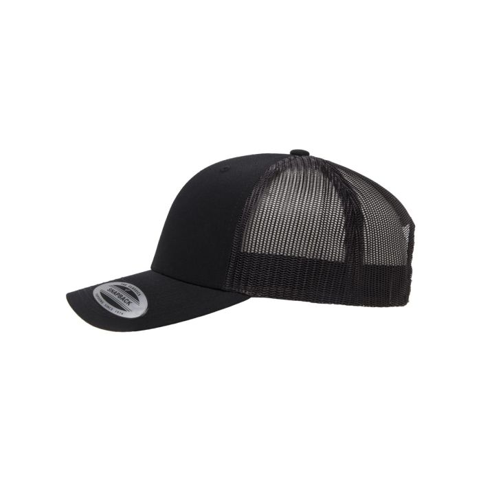 Black mesh cap with a brand label on a white background