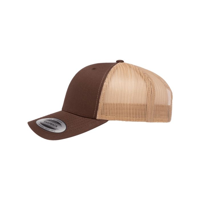 Brown and beige trucker cap with mesh back on a white background