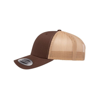 Brown and beige trucker cap with mesh back on a white background