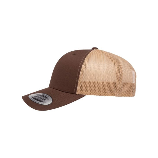 Brown and beige trucker cap with mesh back on a white background