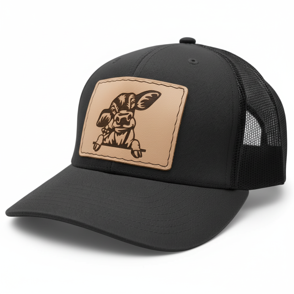Black cap with a brown leather patch featuring a dog design on a white background