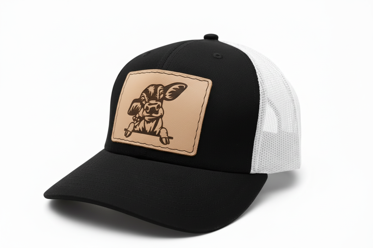 Black and white cap with a leather patch featuring a dog illustration on a white background