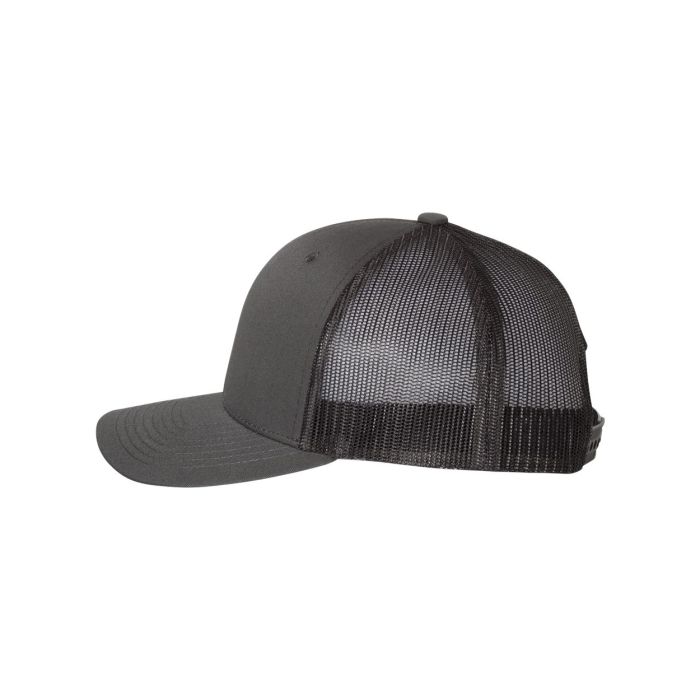Black trucker cap with mesh back on a white background