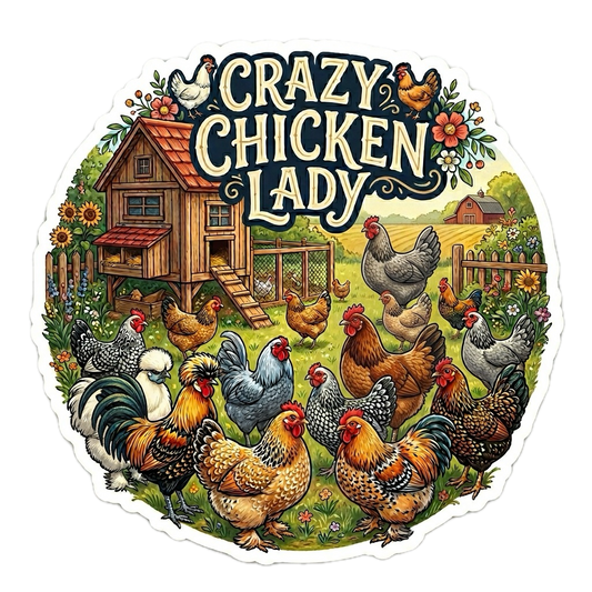 Illustration of chickens around a chicken coop with 'Crazy Chicken Lady' text.