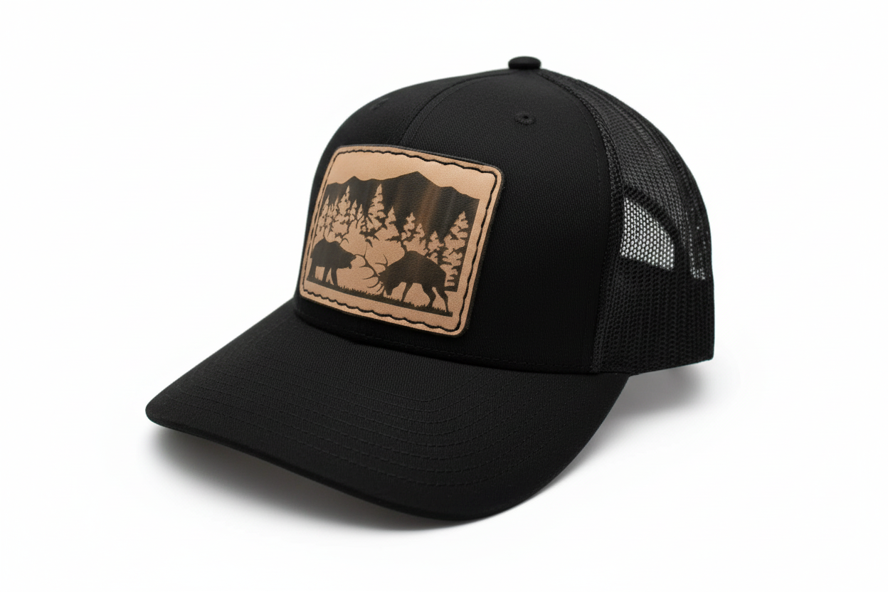Black trucker cap with a tan leather patch featuring a bear and mountain design on a white background