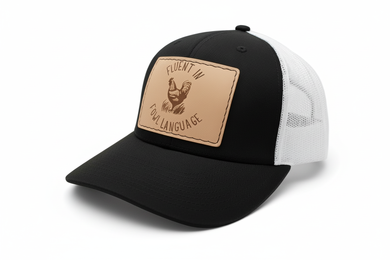 Black trucker cap with a tan leather patch featuring a rooster and text on a white background