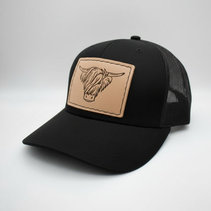 Hairy Highland Steer Hat  leather patch sewn onto a richardson 112 hat - Prairie Buffalo