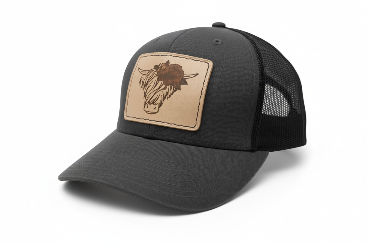 Black trucker cap with a leather patch featuring a bull's head on a white background