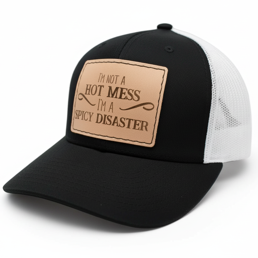 Black and white cap with a brown leather patch on a light gray background