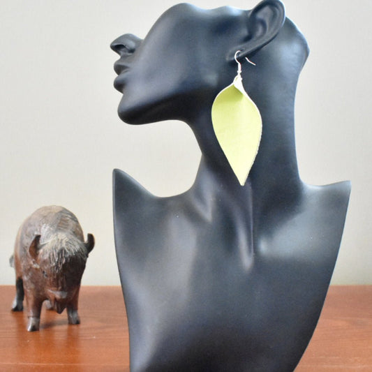 Leather Earrings Leaf Light Green - Prairie Buffalo