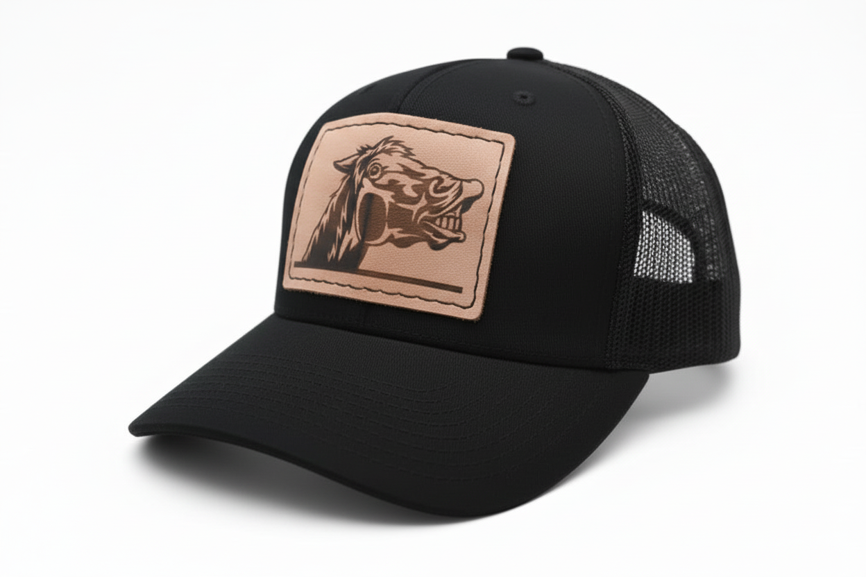 Black trucker cap with a tan leather patch featuring a horse logo on a white background
