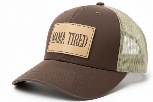 Mama tired patch on a brown hat
