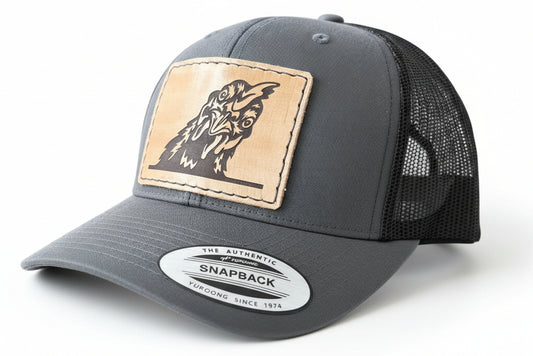 Gray snapback cap with leather patch 