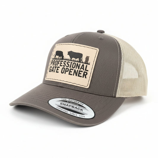 Gray cap with 'Professional Gate Opener' patch on a brown fur background