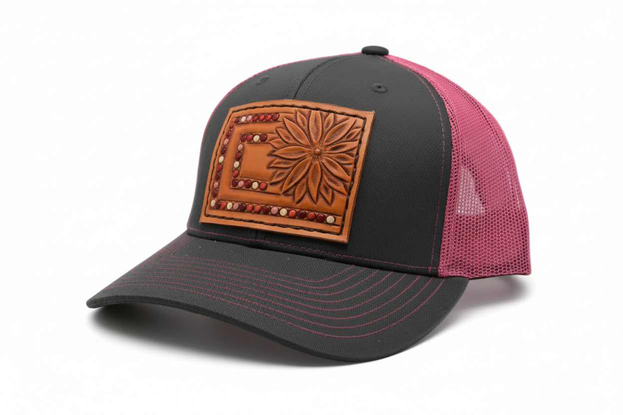 Pink Aztec Sunflower Tooled Leather Hat - Prairie Buffalo