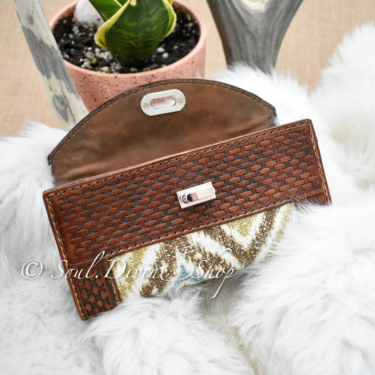 Basketweave Hand Tooled Leather Clutch Wallet - Prairie Buffalo