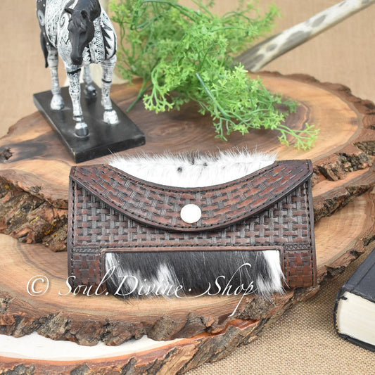 Dark Brown Tooled Basketweave Leather Wallet - Prairie Buffalo