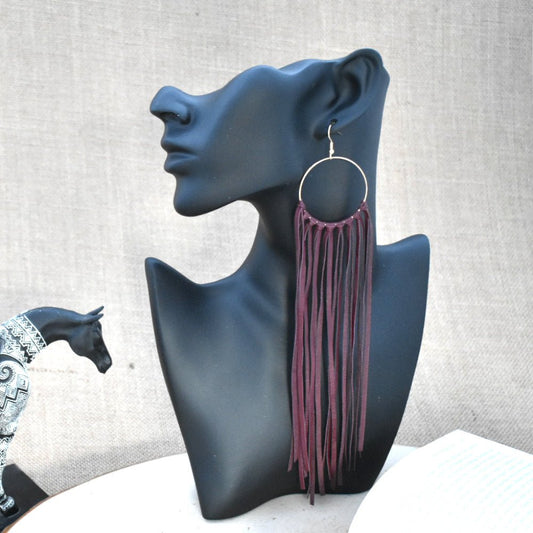 Leather Fringe Earrings - Burgundy - Prairie Buffalo