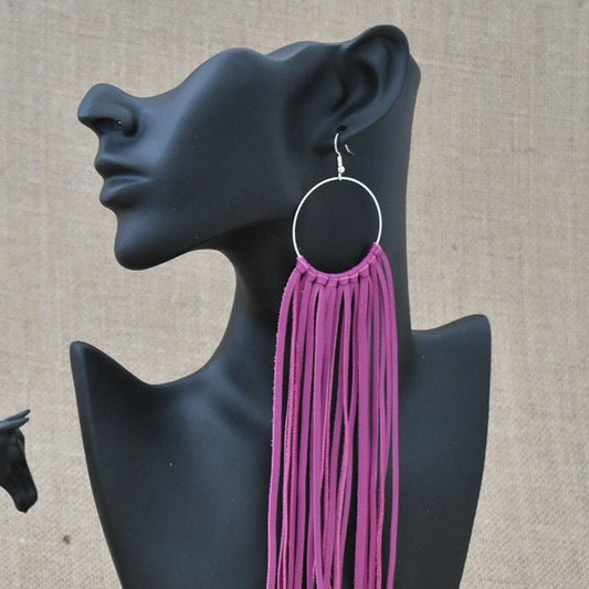 Leather Fringe Earrings - Fuchsia - Prairie Buffalo