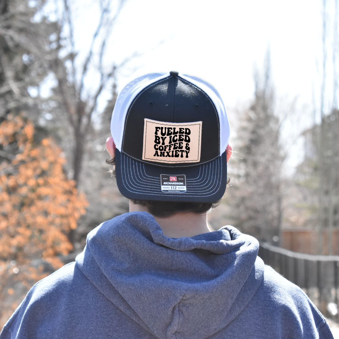 Leather Hat Patches - Fueled by Iced Coffee & Anxiety - Prairie Buffalo