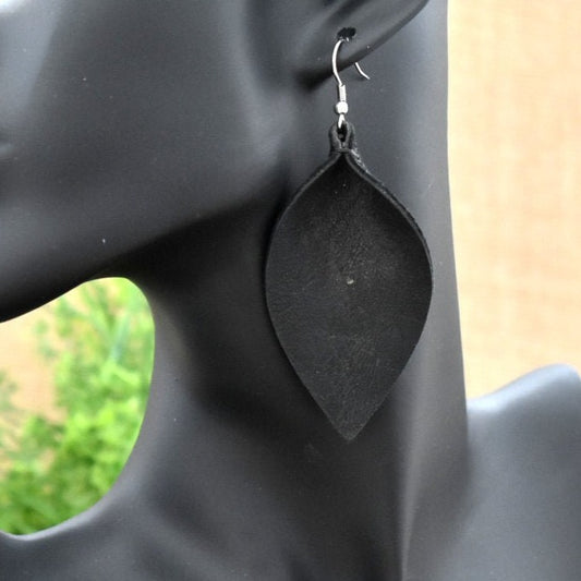 Leather Leaf Earrings Black - Prairie Buffalo