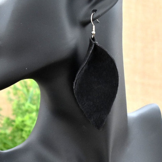 Leather Leaf Earrings Black Hair on Hide - Prairie Buffalo
