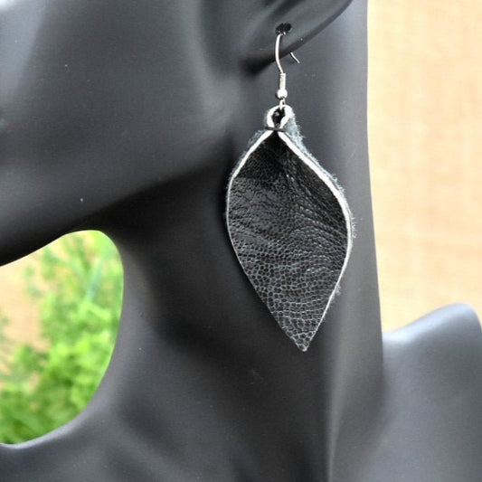 Leather Leaf Earrings Black Ostrich Leather - Prairie Buffalo