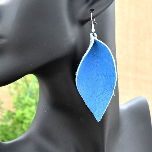 Leather Leaf Earrings Bright Blue - Prairie Buffalo