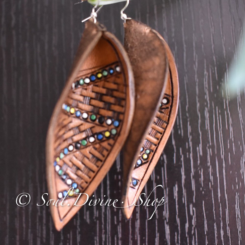Leather Leaf Earrings Brown Hand Tooled - Prairie Buffalo