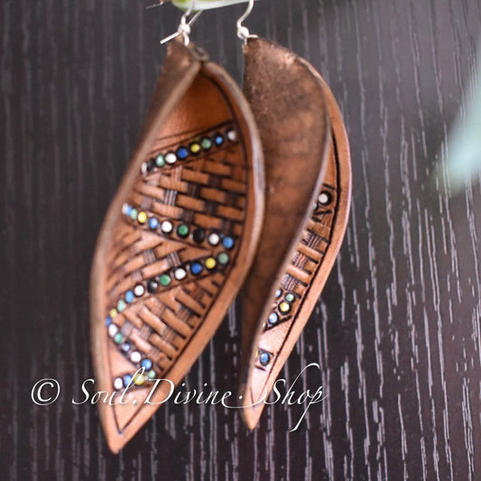 Leather Leaf Earrings Brown Hand Tooled - Prairie Buffalo