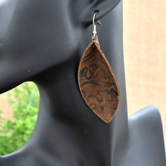 Leather Leaf Earrings Brown Paisley - Prairie Buffalo