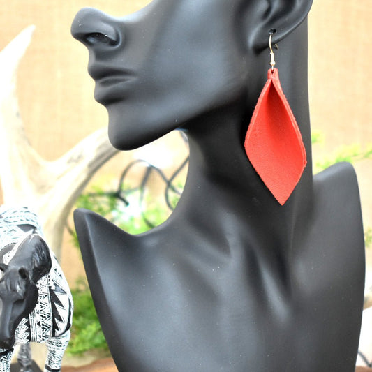 Leather Leaf Earrings Coral Red - Prairie Buffalo