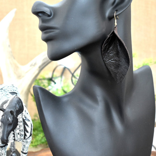Leather Leaf Earrings Dark Brown - Prairie Buffalo
