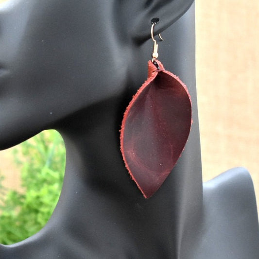 Leather Leaf Earrings Dark Red - Prairie Buffalo