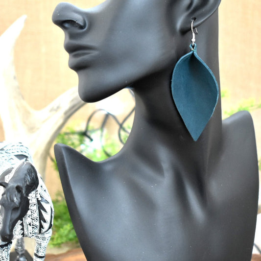 Leather Leaf Earrings Dark Teal - Prairie Buffalo