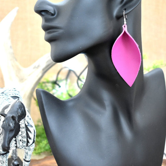 Leather Leaf Earrings Fuchsia Pink - Prairie Buffalo