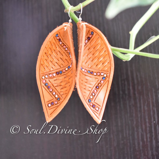 Leather Leaf Earrings Hand Tooled Brown - Prairie Buffalo