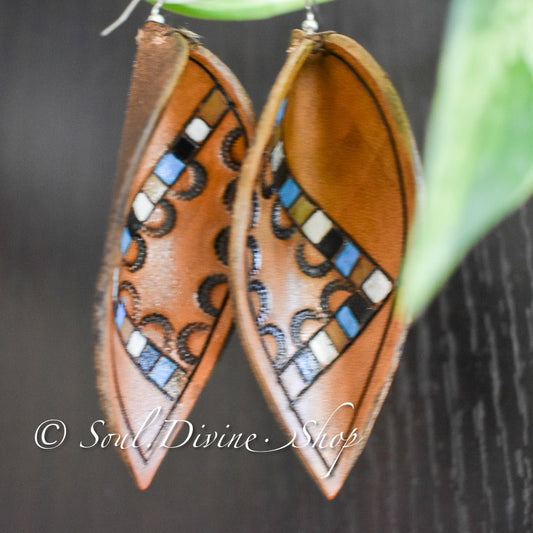 Leather Leaf Earrings Hand Tooled Light Brown - Prairie Buffalo
