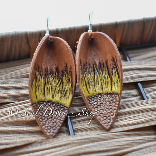 Leather Leaf Earrings Hand Tooled Sunflower - Prairie Buffalo