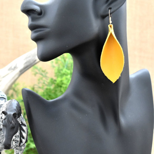 Leather Leaf Earrings Mustard Yellow - Prairie Buffalo