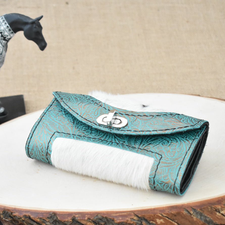 Light Teal and Gold Floral Embossed Leather Clutch Wallet with Hair on Hide - Soul Divine