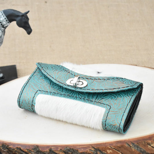 Light Teal and Gold Floral Embossed Leather Clutch Wallet with Hair on Hide - Soul Divine