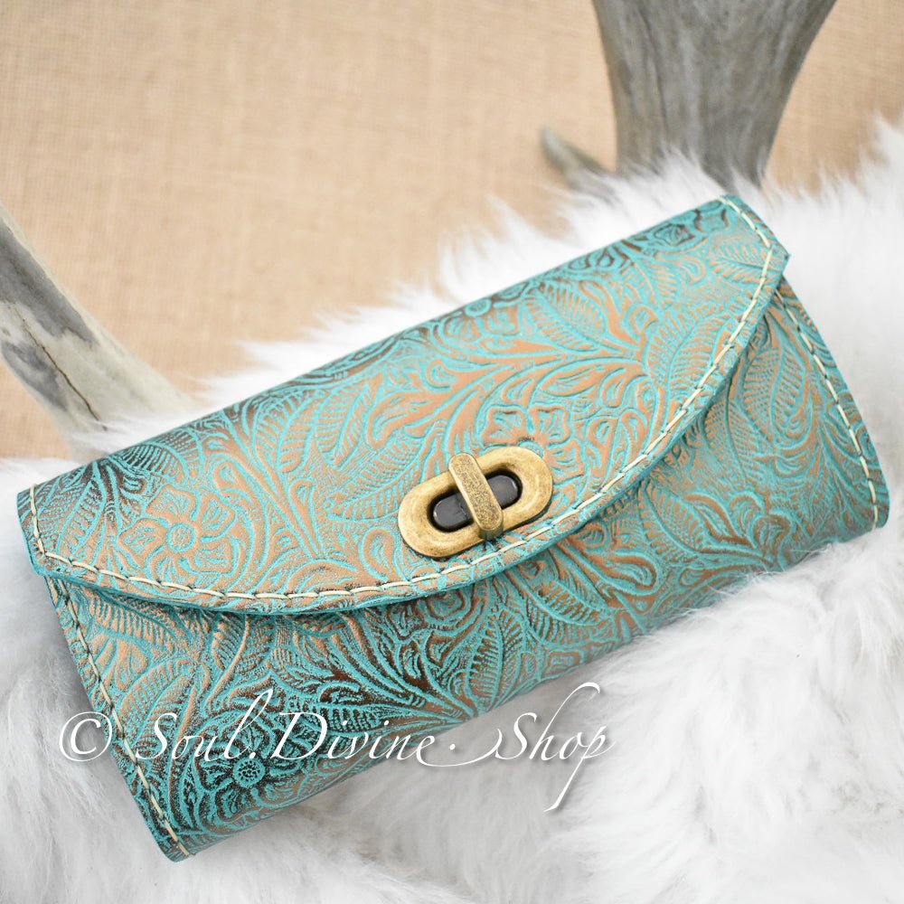 Teal and Gold Floral Embossed Leather Clutch Wallet - Soul Divine