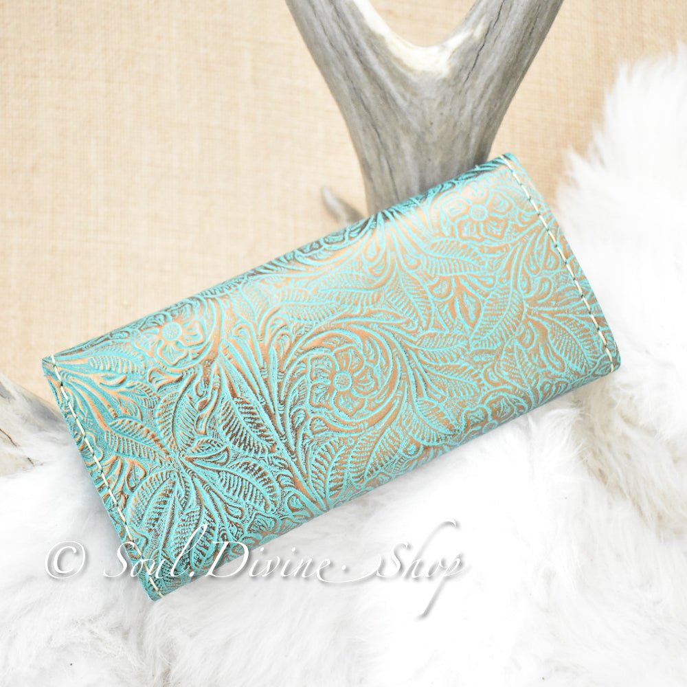 Teal and Gold Floral Embossed Leather Clutch Wallet - Soul Divine
