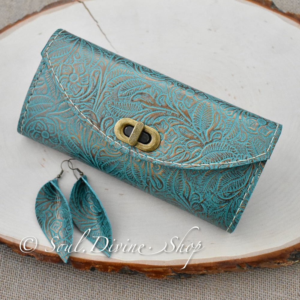 Teal and Gold Floral Embossed Leather Clutch Wallet - Soul Divine