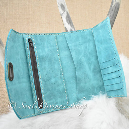 Teal and Gold Floral Embossed Leather Clutch Wallet - Soul Divine