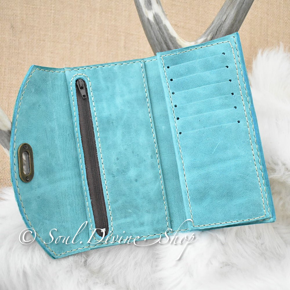 Teal and Gold Floral Embossed Leather Clutch Wallet - Soul Divine